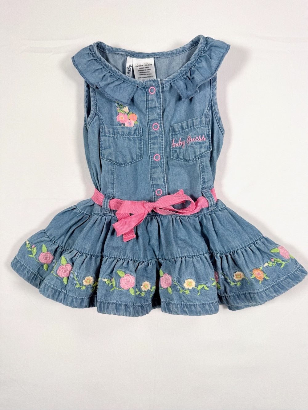 GUESS Baby Girls Floral Embroidered Chambray Dress Size 6-9M Ruffle Cottagecore